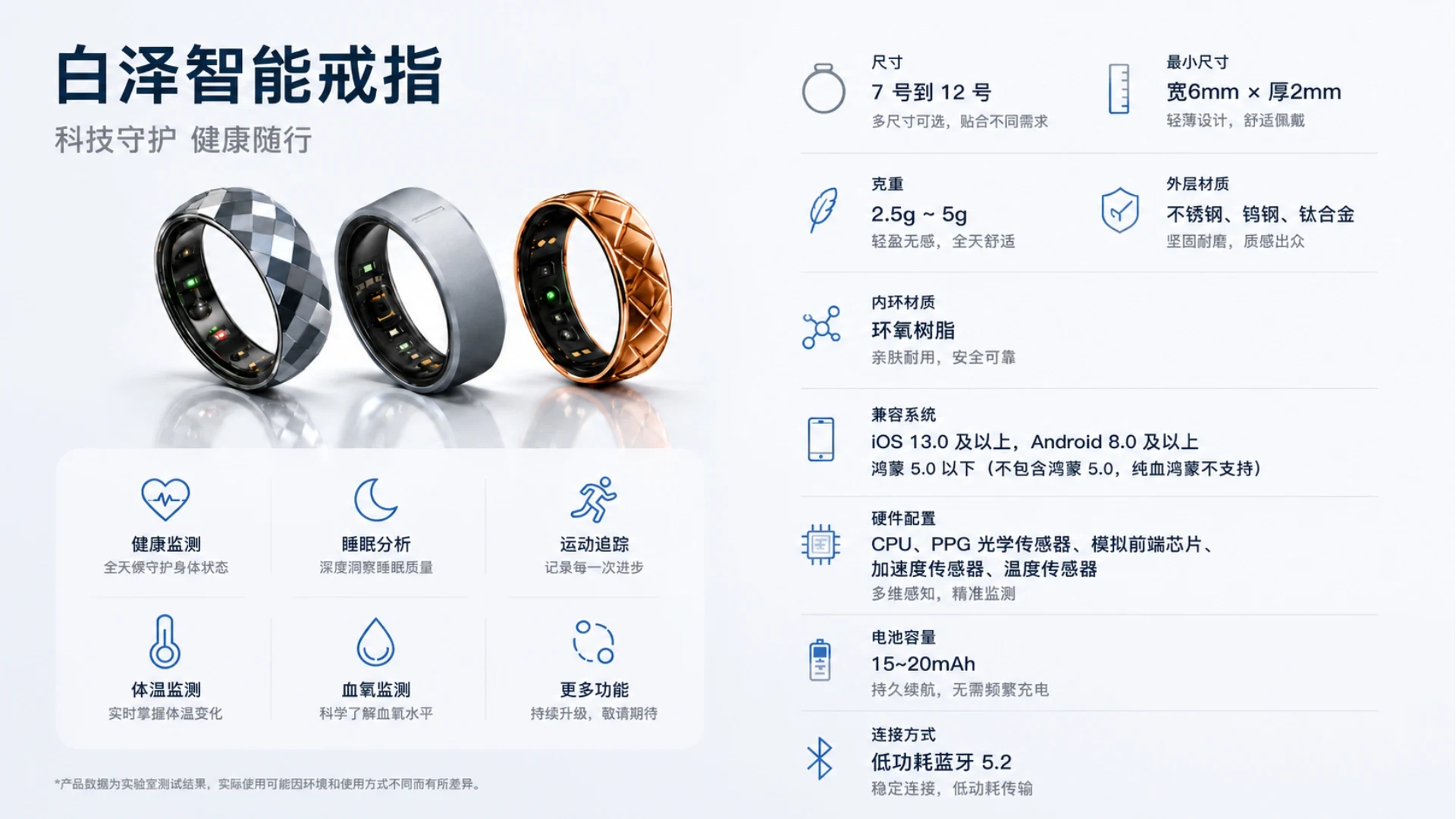 白泽智能戒指产品规格与功能信息图